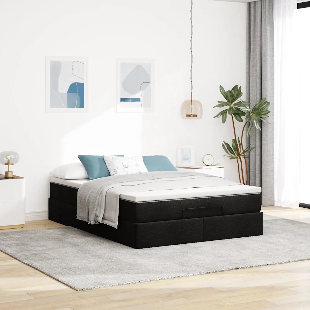 Struttura Letto Pouf con Materasso Nero 140x200 cm Similpelle 3311041