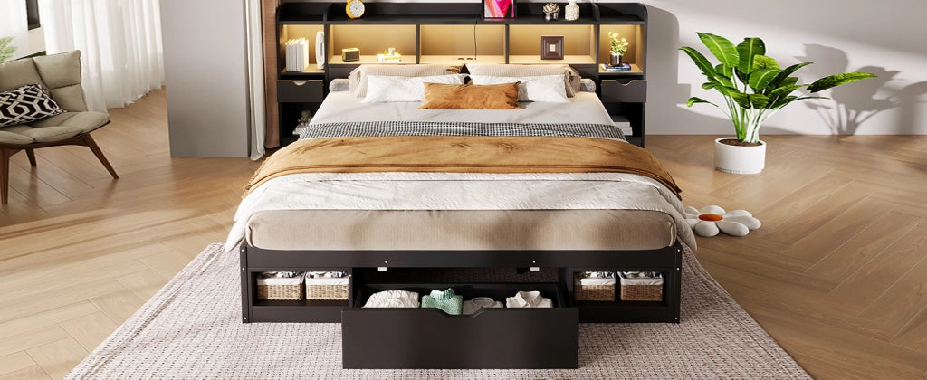 Letto contenitore matrimoniale 180 × 200 cm con LED, cassetti e ripiani, senza materasso, MDF nero