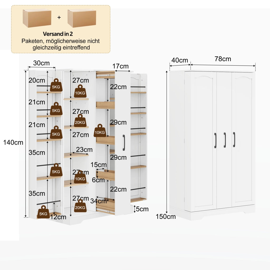 Credenza da cucina con estraibile verticale a 4 livelli, 2 ante e ripiani regolabili per cucina e soggiorno, bianco 150 × 78 × 40 cm