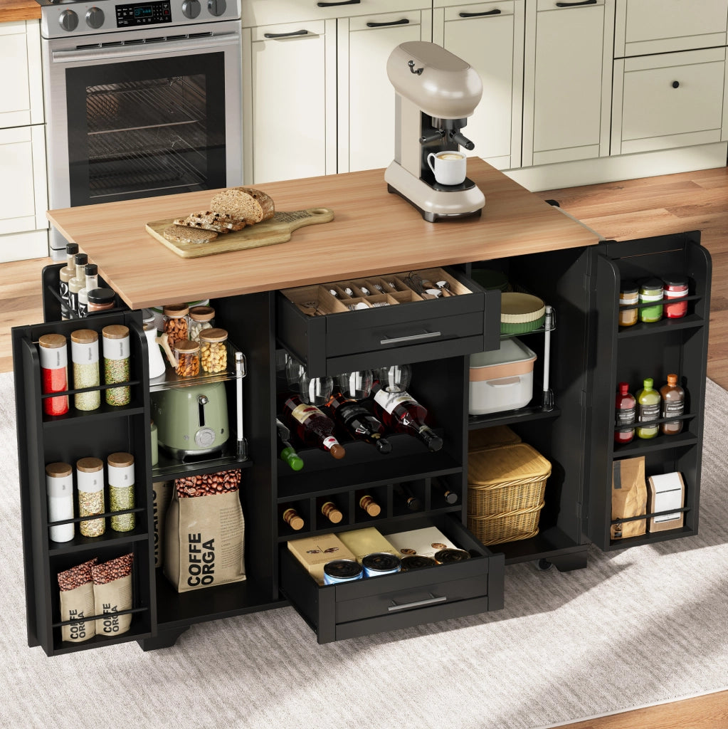 Carrello cucina con piano ribaltabile 138x45(70)x92 cm; nero e naturale; in MDF