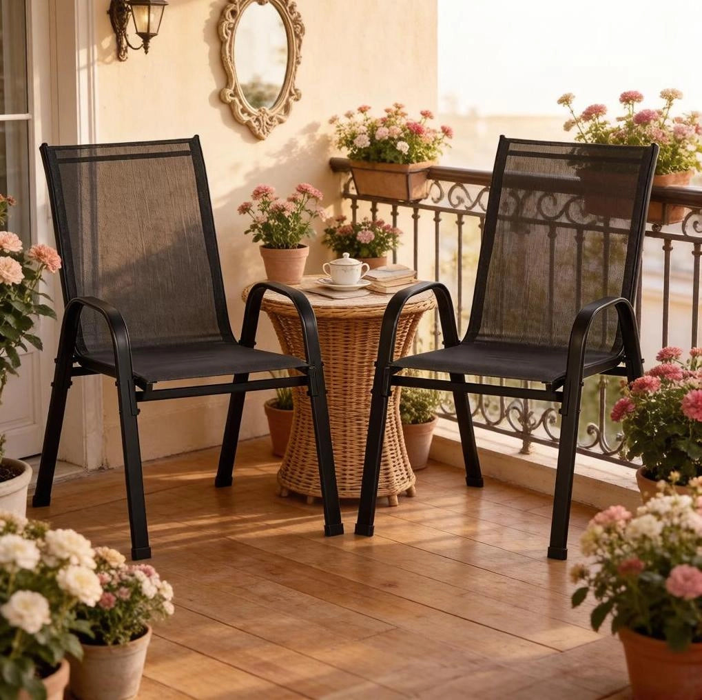 Set 2 sedie da giardino impilabili con schienale alto; 55 x 92 x 65 cm; grigio scuro