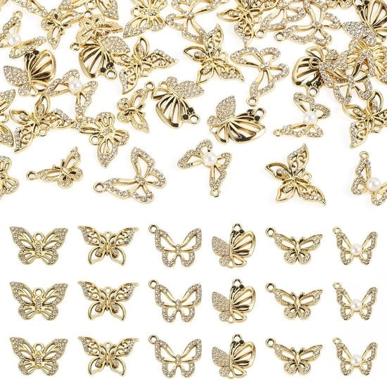Accessori per orecchini con strass farfalla - 36 pezzi - dorato - per creare gioielli in DIY - orecchini farfalla - appendi insetti - orecchini con strass scintillante.
