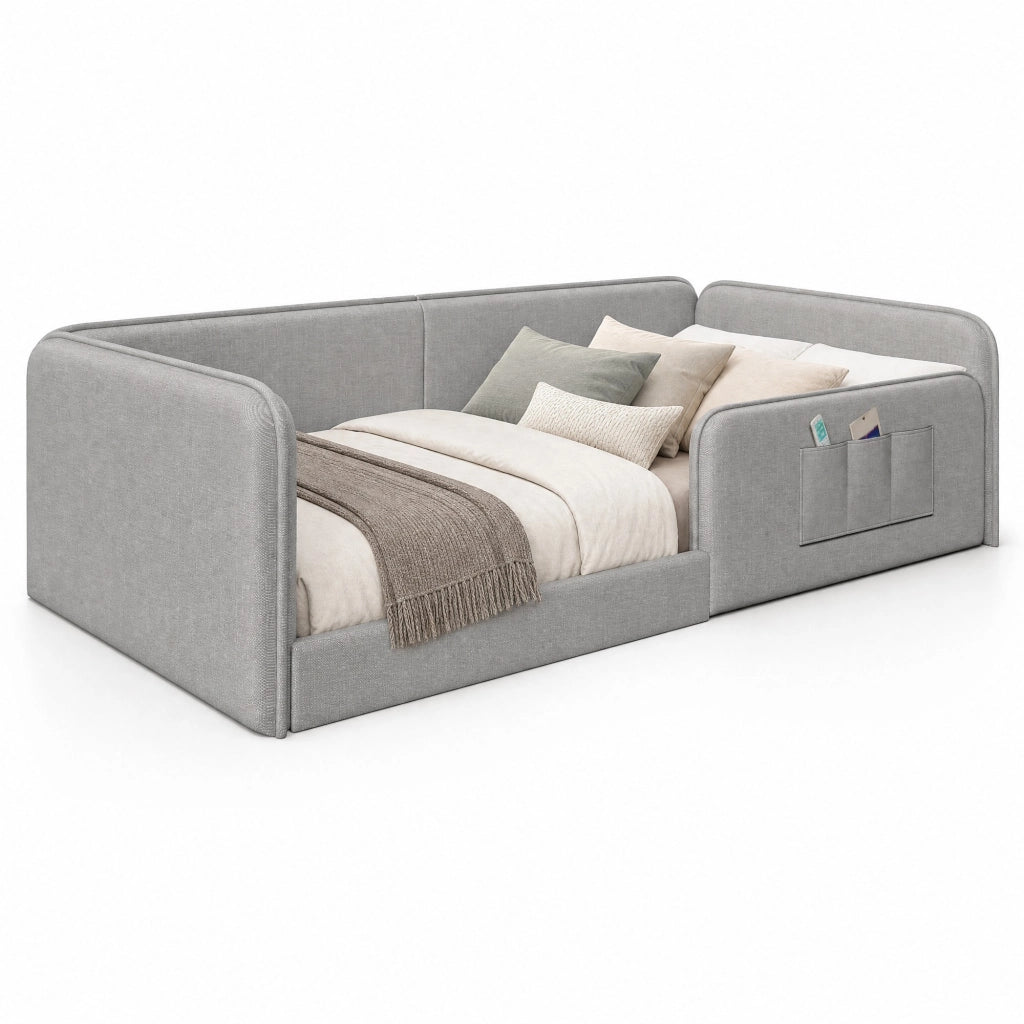 Letto singolo 90x200 cm in lino grigio con imbottitura in schiuma e tasche laterali