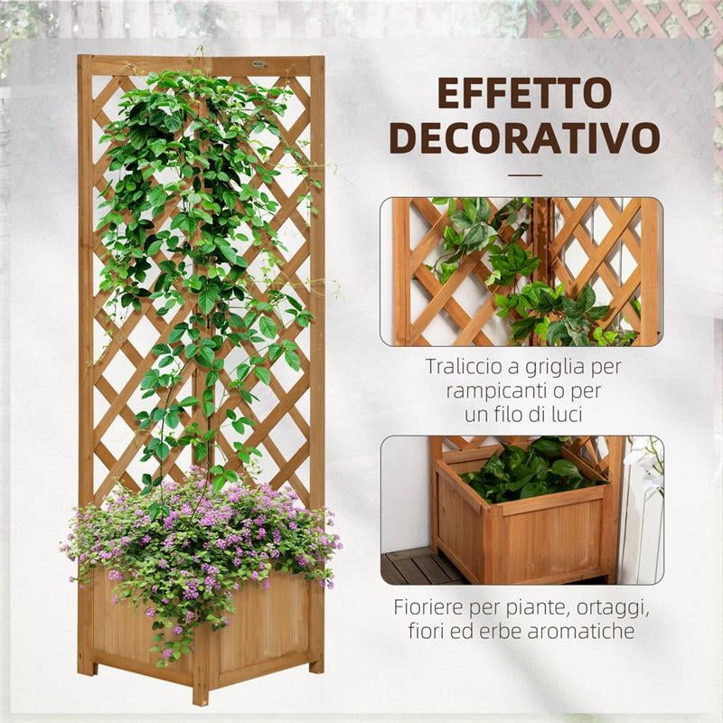 FIORIERA DA GIARDINO A FONDO CAVO IN LEGNO DI ABETE MARRONE CON GRIGLIATO PER RAMPICANTI E DECORAZIONI, 40X40X145 CM