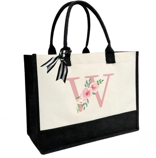 Borsa personalizzata di canapa con tasca interna con cerniera, doppie spalline, borsa di juta con monogramma per uso quotidiano e viaggio, lettera W rosa, unico modello