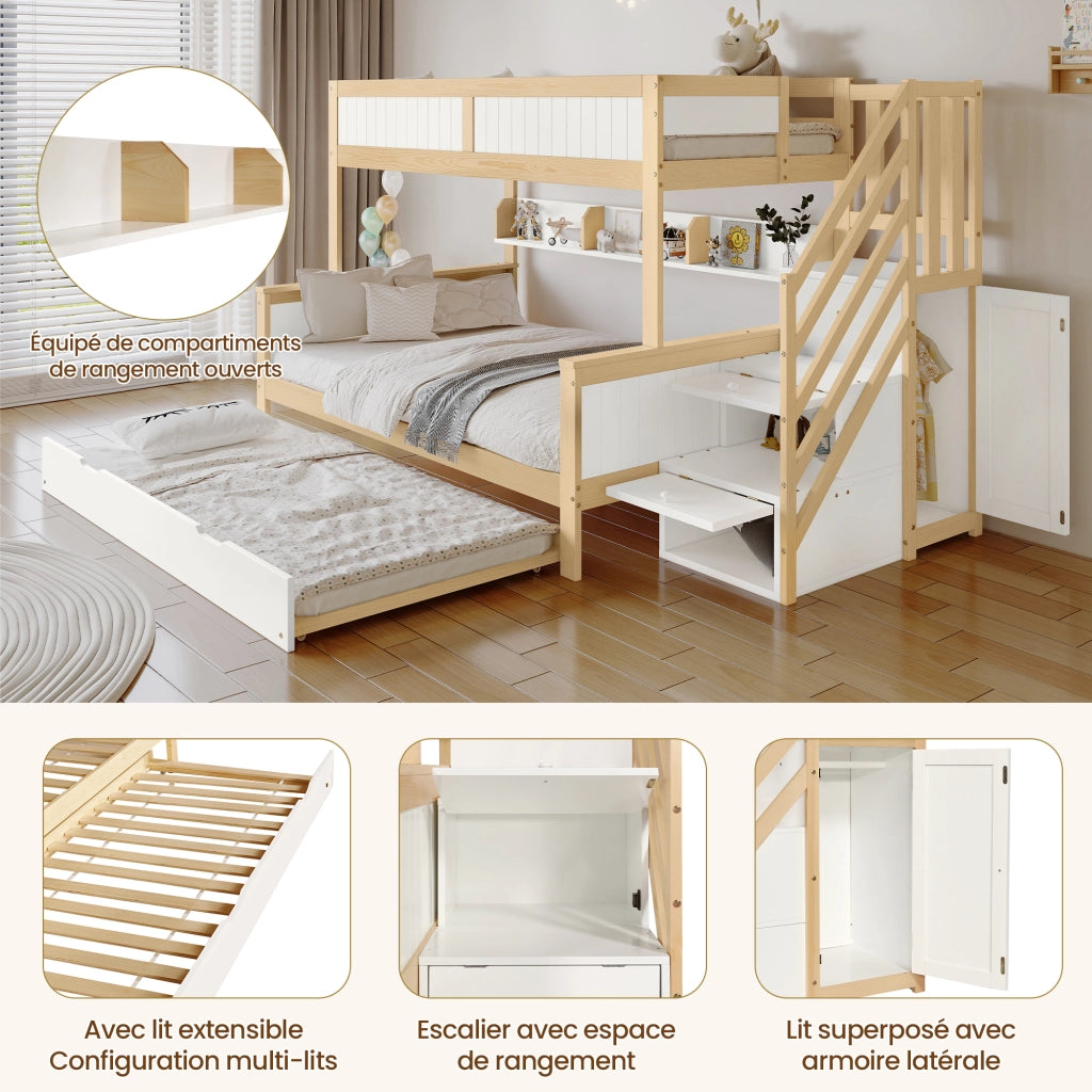 Letto a Castello; Letto Singolo 90x200 cm e 120x200 cm con estraibile; armadio e scala