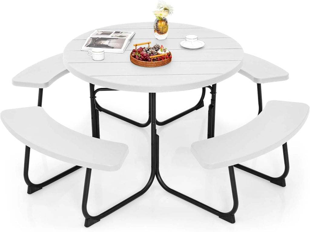 Set da Giardino per 8 Persone, Tavolo Rotondo da Picnic con 4 Panche, Tavolo da Birra in HDPE con Foro per Ombrellone, Set da Esterno Resistente