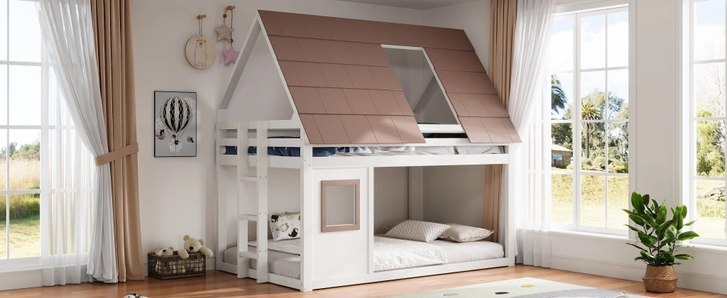 Letto a castello con tetto e scala in legno MDF pino compensato 140x200 cm
