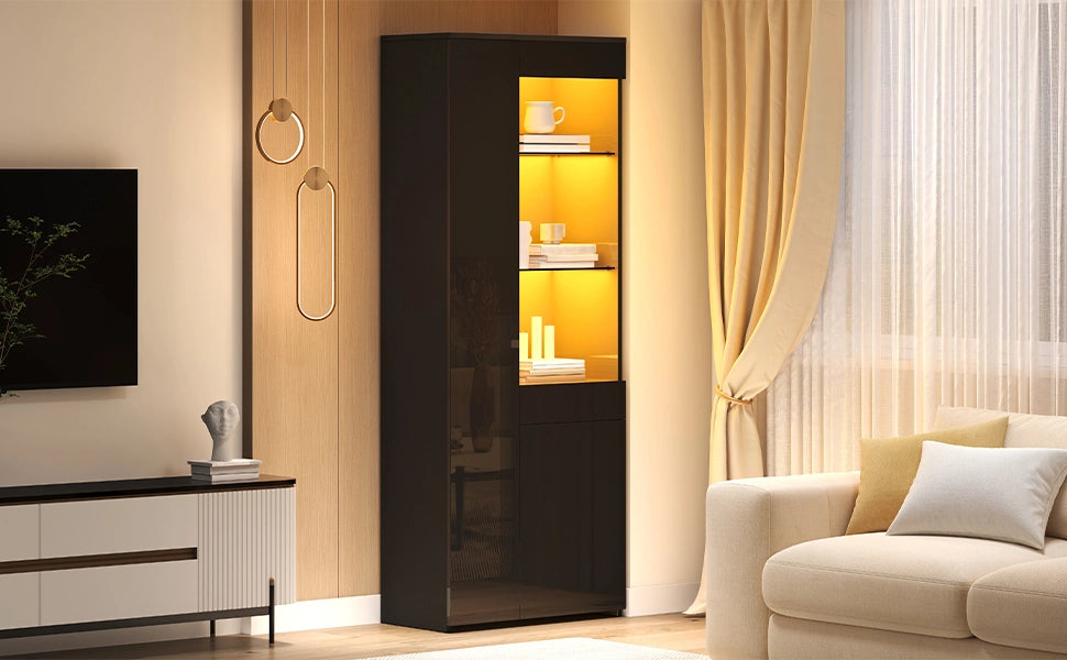 Vetrina con 1 cassetto 2 ante e vani aperti LED controllati da app per soggiorno in truciolare nero 70 × 35 × 180 cm
