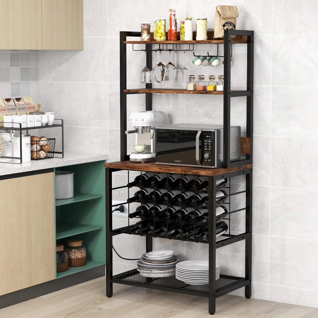 Scaffale Da Cucina Con Prese e Porte Usb, Armadietto Per Vino Con Supporto In Vetro Per 24 Bottiglie e 9 Bicchieri, Scaffale a 4 Livelli, 76 x 48 x 163 cm