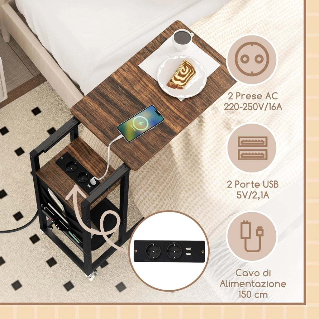 Tavolino da Salotto, Tavolino Laterale con Piano Retrattile e Prese di Corrente, Tasca per Riporre e Ruote Bloccabili, Tavolino per Soggiorno e Camera da Letto (Marrone)