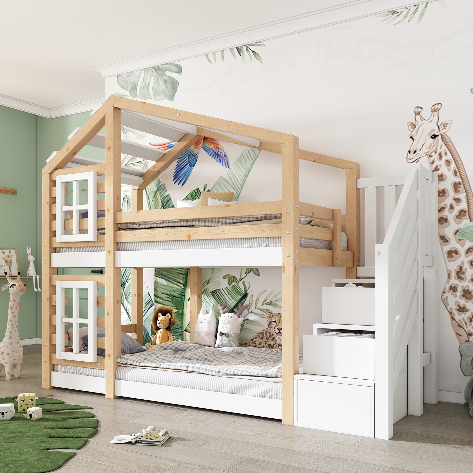 Letto a castello per bambini - Xylo - 90x200 - Bianco-marrone - Con protezione