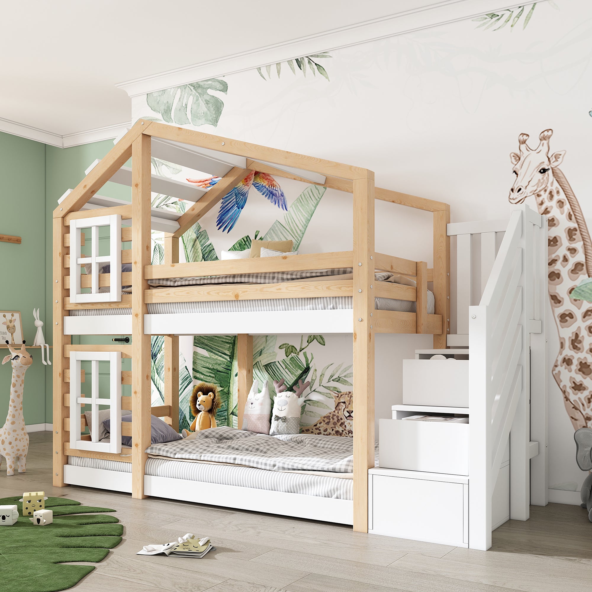 Letto a castello per bambini - Xylo - 90x200 - Bianco-marrone - Con protezione