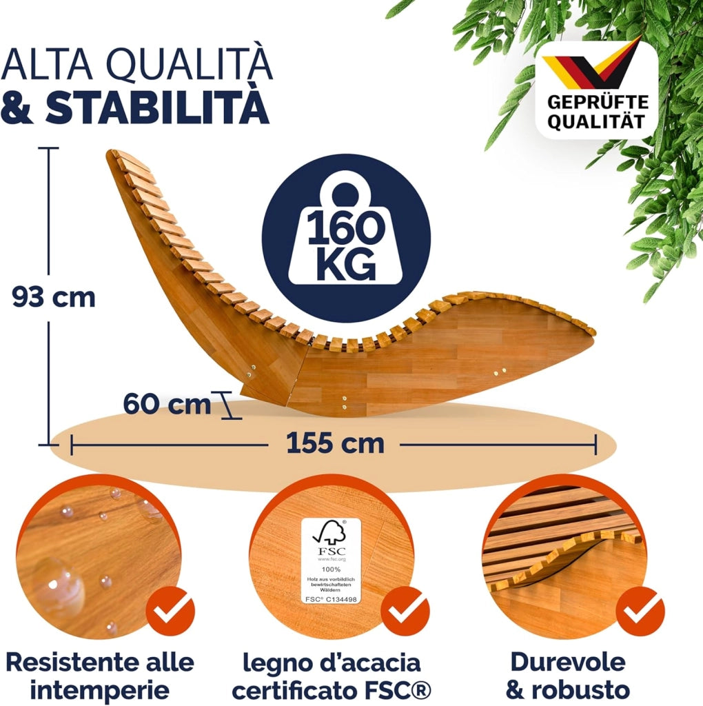 ® Sdraio a Dondolo JAVA Pieghevole 155x60x93 Portata 160 kg Legno Acacia Certificato FSC® Lettino Sauna Piscina
