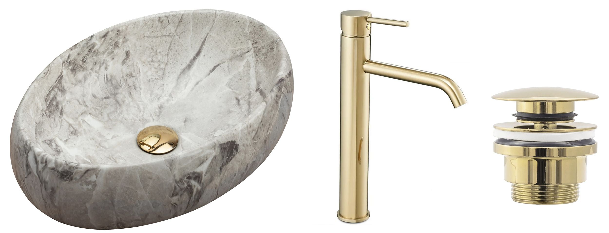Set Lavabo Da Appoggio Linda Stone + Rubinetto Da Bagno Lungo Gold + Tappo Gold