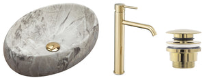 Set Lavabo Da Appoggio Linda Stone + Rubinetto Da Bagno Lungo Gold + Tappo Gold