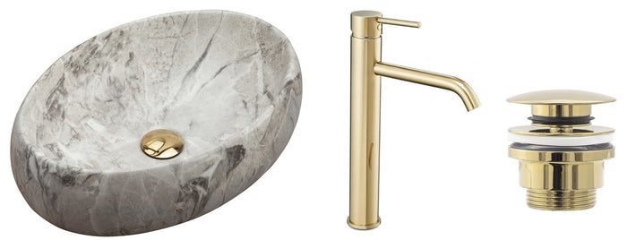 Set Lavabo Da Appoggio Linda Stone + Rubinetto Da Bagno Lungo Gold + Tappo Gold