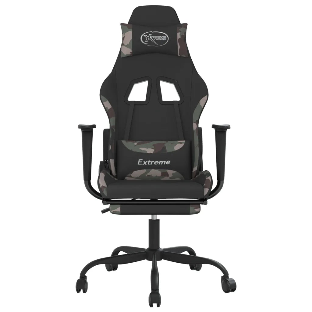 vidaXL Sedia da Gaming Massaggi Poggiapiedi Nero e Mimetico in Tessuto