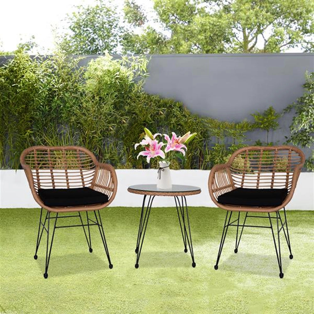 Set da Giardino Tavolino e 2 Poltrone in Rattan Nero e Naturale con Cuscini Casa Bar Hotel