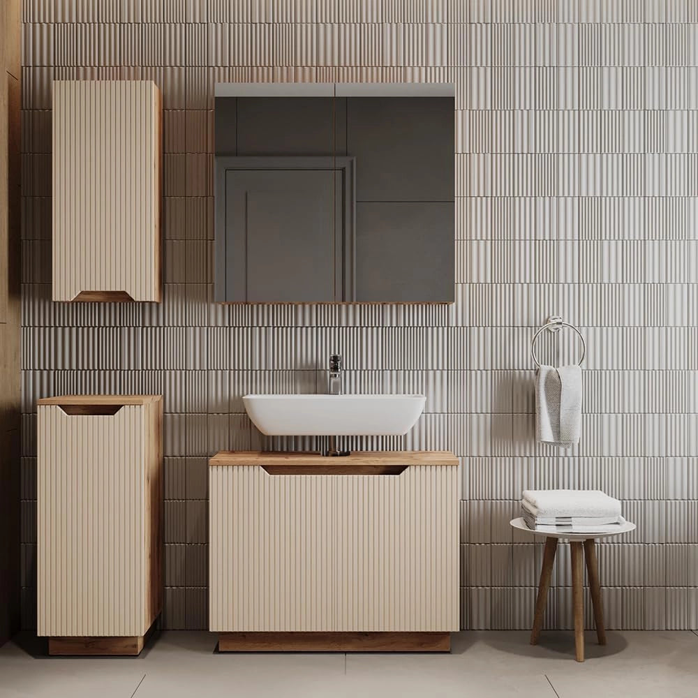Set di mobili da bagno Lotta, Rovere/cashmere a righe, 4 parti