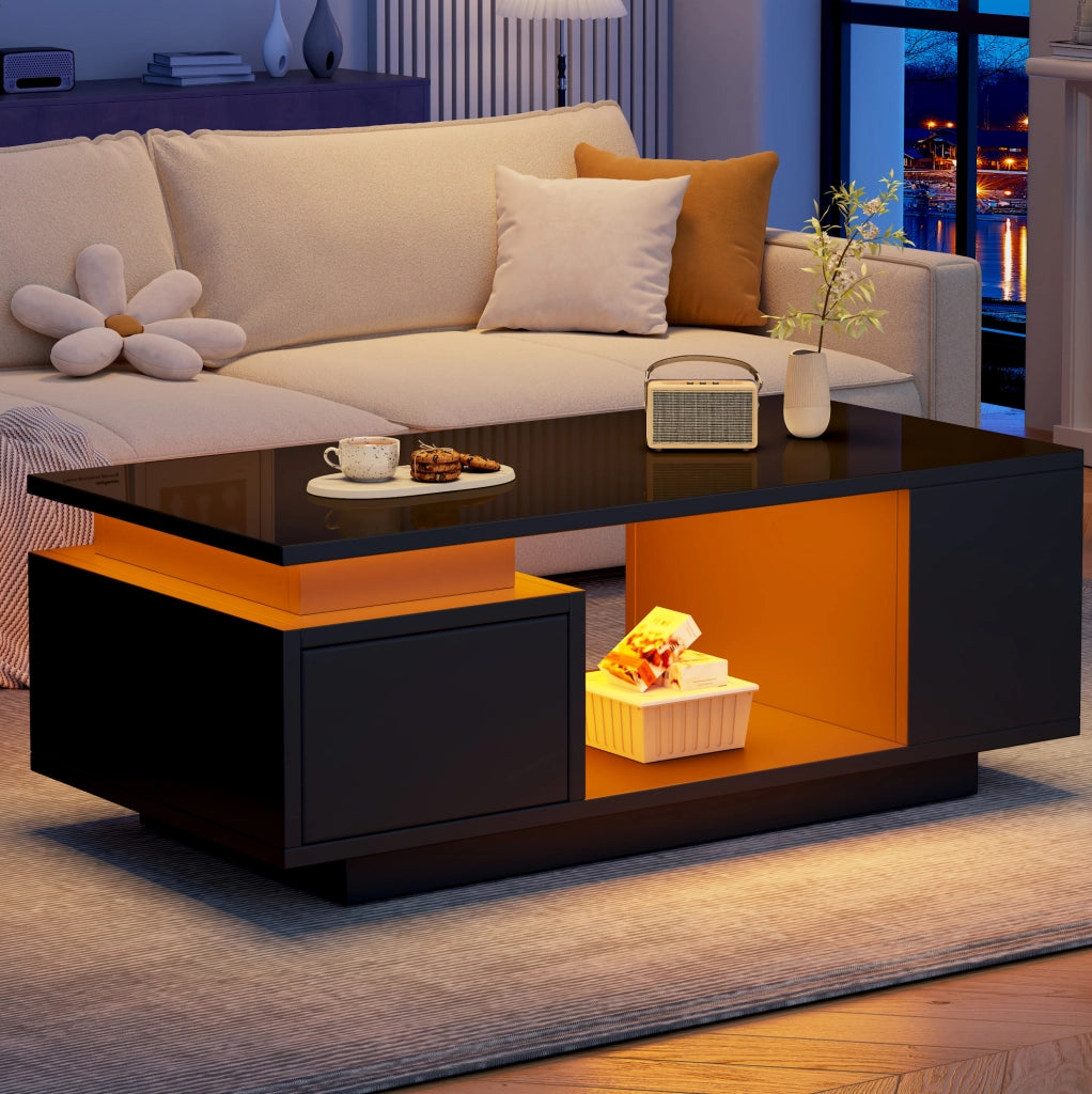 Tavolino da caffè con LED; cassetto e vani laterali; 100 x 50 x 36 cm; nero