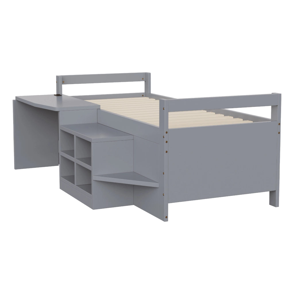 Letto combinato 90 × 200 cm con scrivania, contenitori integrati e prese USB, senza materasso, in legno, grigio