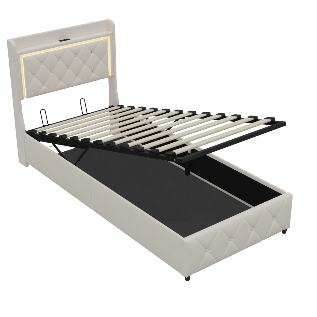 Letto singolo contenitore 90x200 cm con testiera LED e porta USB struttura letto imbottita con contenitore idraulico in velluto beige