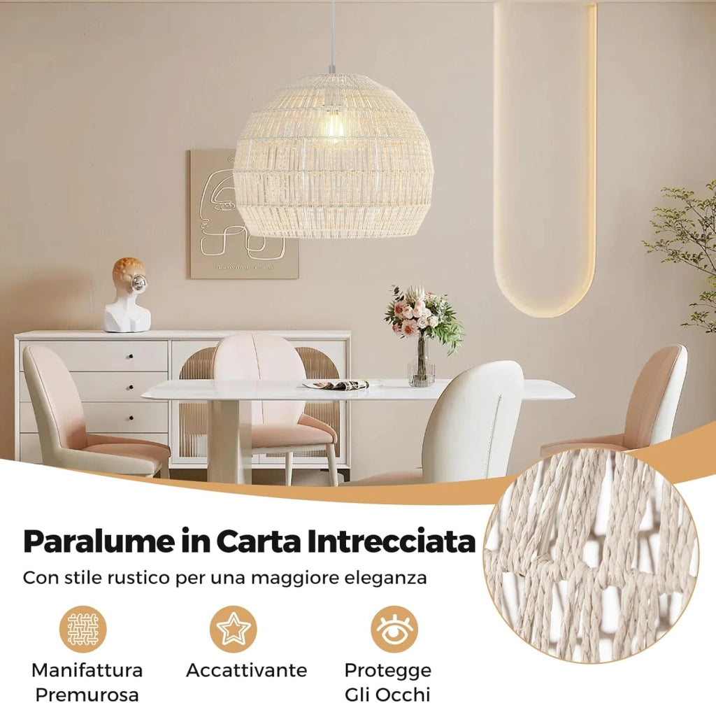 Lampada a Sospensione, Lampadario Moderno con Struttura in Metallo e Cupola in Carta, Luce con Altezza Regolabile per Cucina, Camera da Letto e Soggiorno, 43 x 43 x 34 cm (Beige) [Classe di efficienza energetica F]