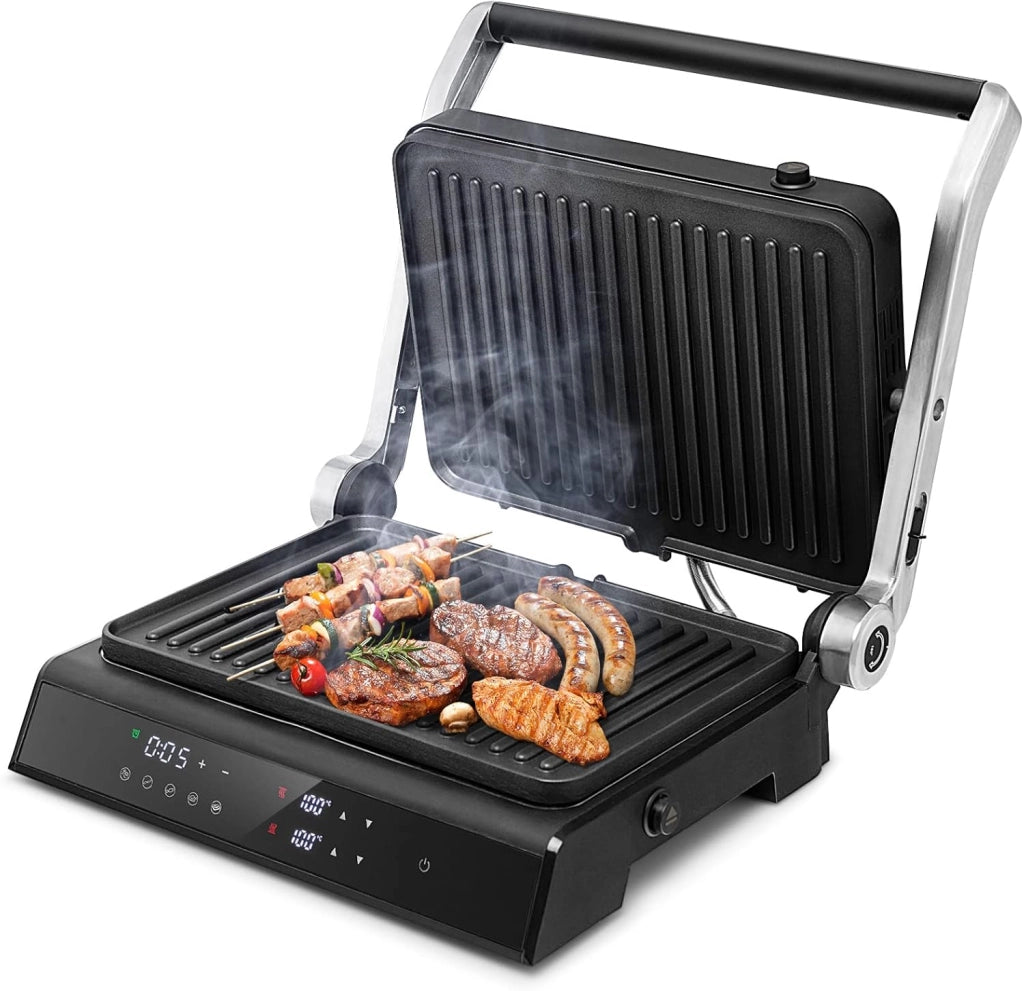 COSTWAY 3 in 1 Piastre per Panini 2000 W, Bistecchiera Elettrica con 5 Modalità Automatiche, Cottura Bifacciali, Timer 0-4H e Display a LED, Materiale Antiaderente, Ideale per Panini e Barbecue