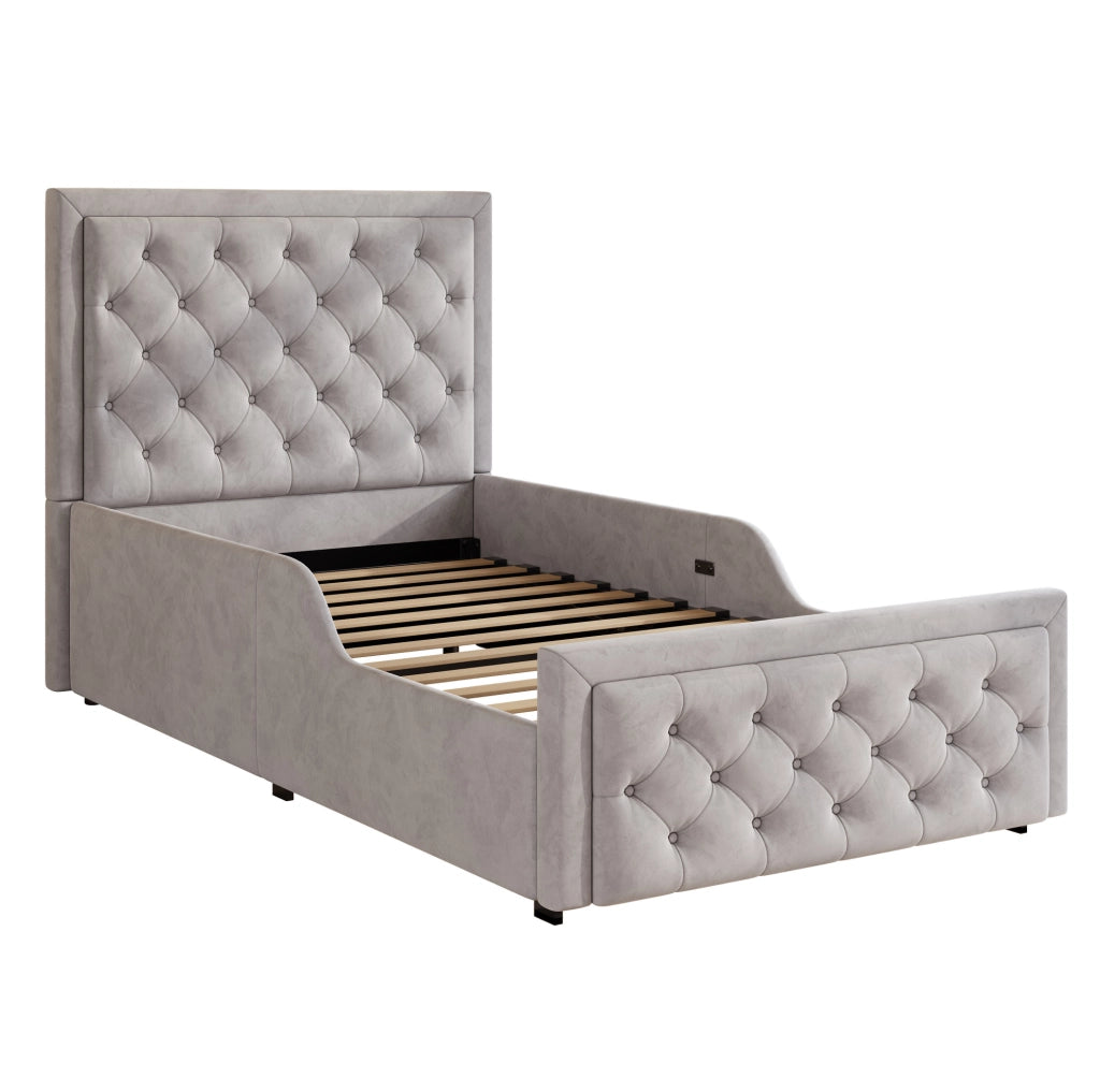 Letto imbottito 90x200 cm con contenitore idraulico; testiera capitonné in velluto grigio