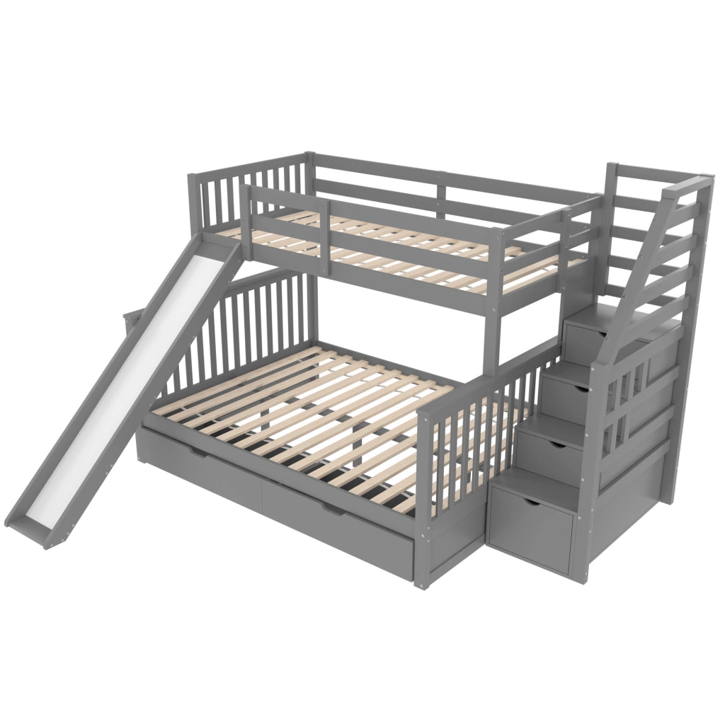 Letto a castello ULEVR 90x200 e 140x200 cm con scivolo, scale e cassetti, grigio