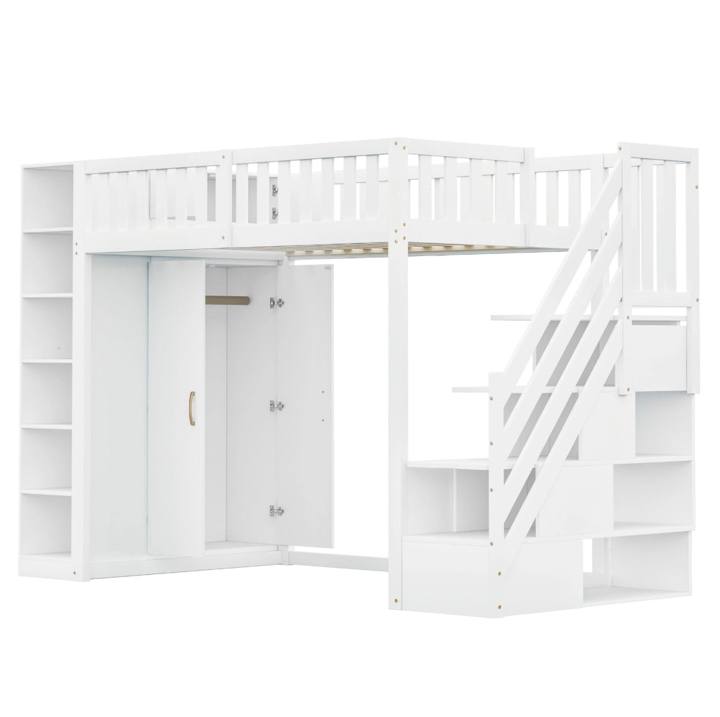 Letto a castello multifunzione 90x200 cm con armadio, scaffali e scaletta di sicurezza bianco
