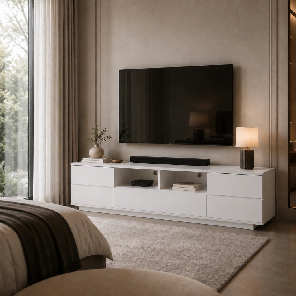Mobile Porta TV Bianco Con 4 Ante 1 Anta A Ribalta 2 Vani A Giorno Con Passacavi Design Moderno In MDF Mobile Per Soggiorno Salotto Zona Living 180 x 38 x 46 Cm