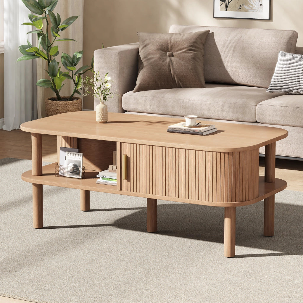 Tavolino basso con anta scorrevole e vani contenitore, in MDF, per soggiorno, stile scandinavo, 110 × 55 × 45 cm