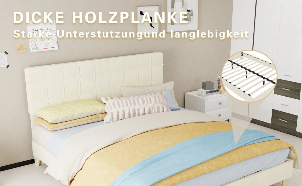 Letto matrimoniale 160 × 200 cm con testiera trapuntata, gambe in legno, senza materasso, beige