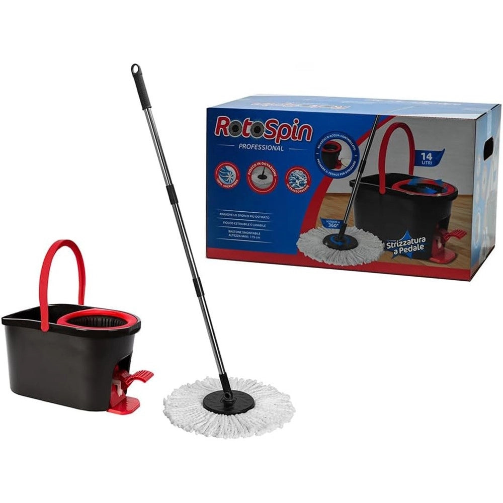 Trade Shop - Mocio Professionale Con Secchio 14lt Strizzatura Rotante 360° A Pedale Manico Telescopico -