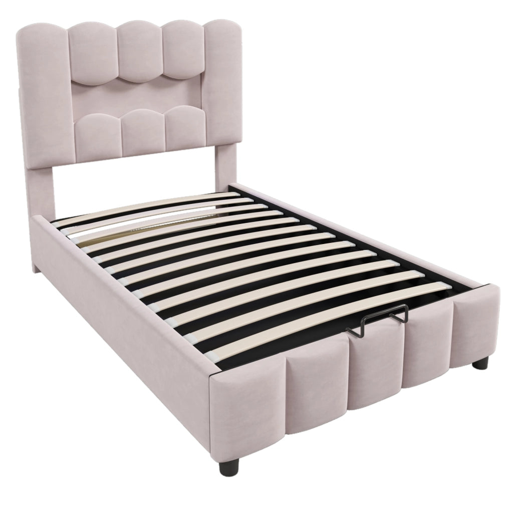 Letto imbottito ULEVR 90x200 cm con contenitore idraulico, LED multicolore e testiera regolabile, velluto rosa