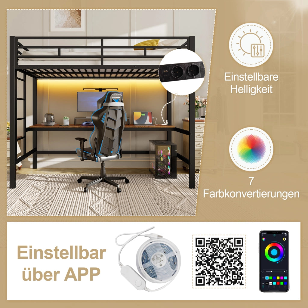 Letto a castello nero in metallo con funzione luminosa app-controllata 90x200 cm