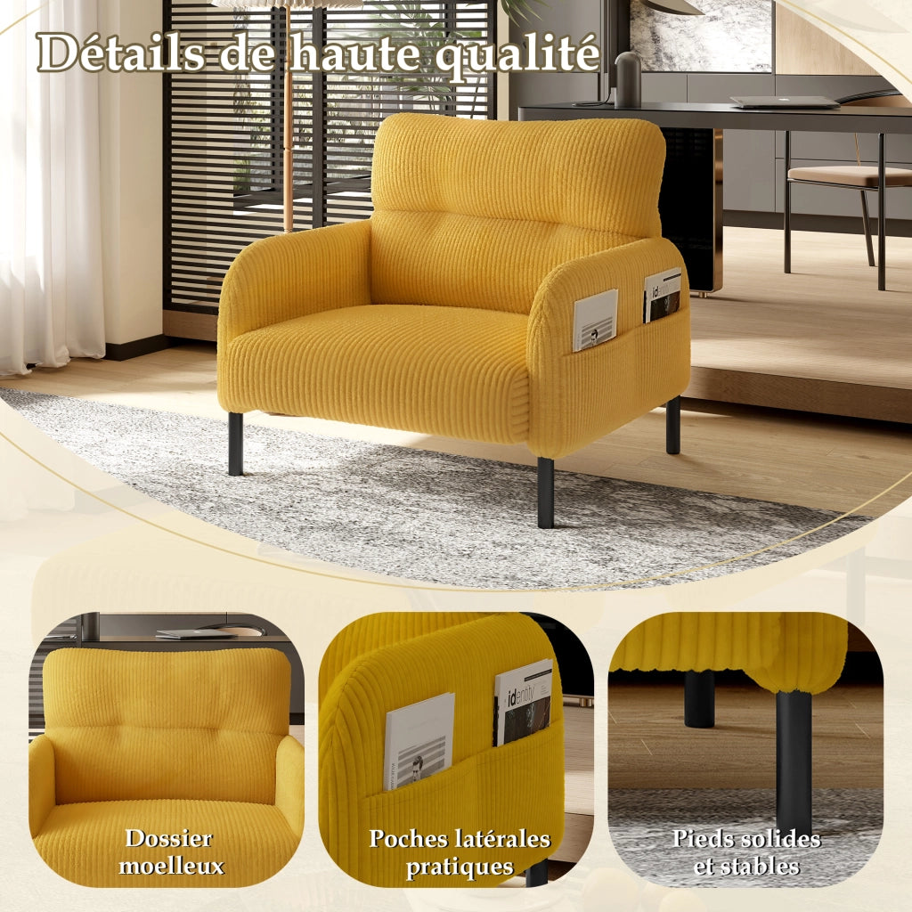 Poltrona con Tasca Laterale e Seduta Profonda; Schienale Ergonomico; in Velluto a Coste Giallo 67 × 75 × 79 cm