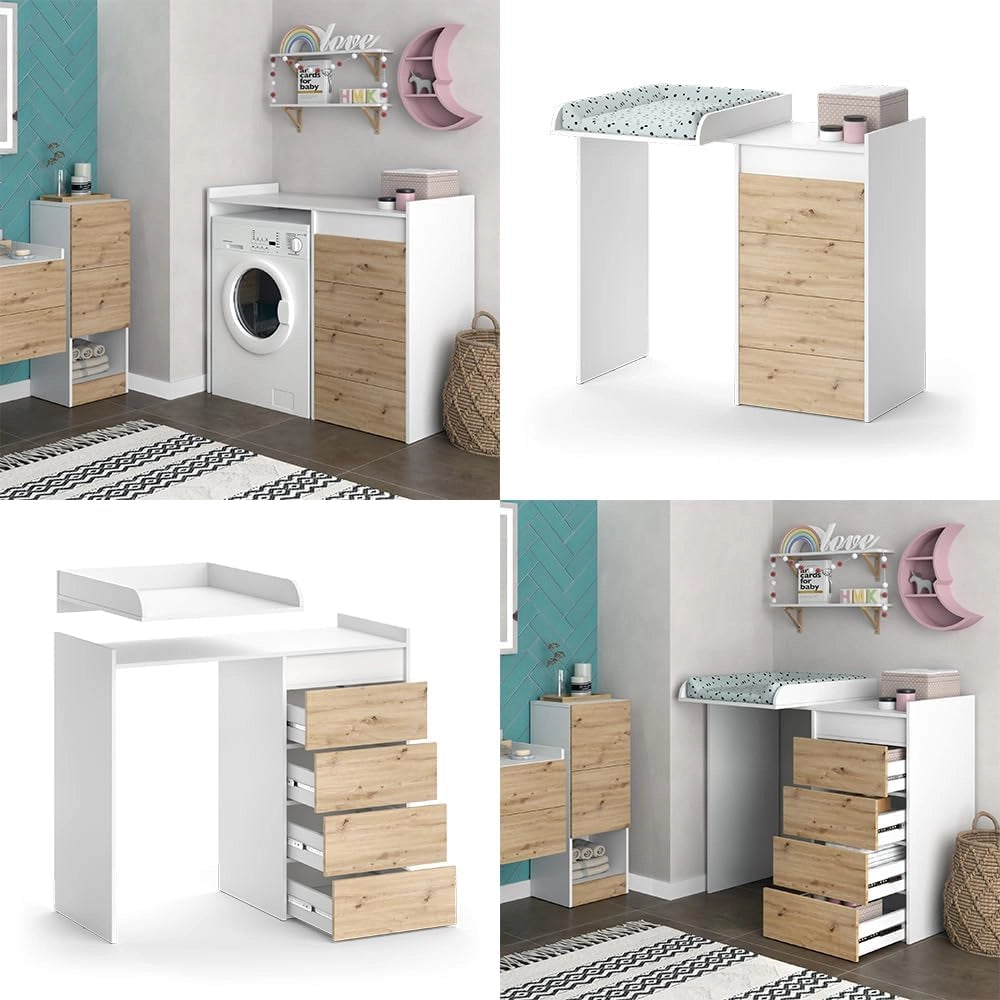 Mobile lavatrice Alf, Bianco, 116 x 98 cm con 4 cassetti, per riporre risparmiando spazio sopra la lavatrice
