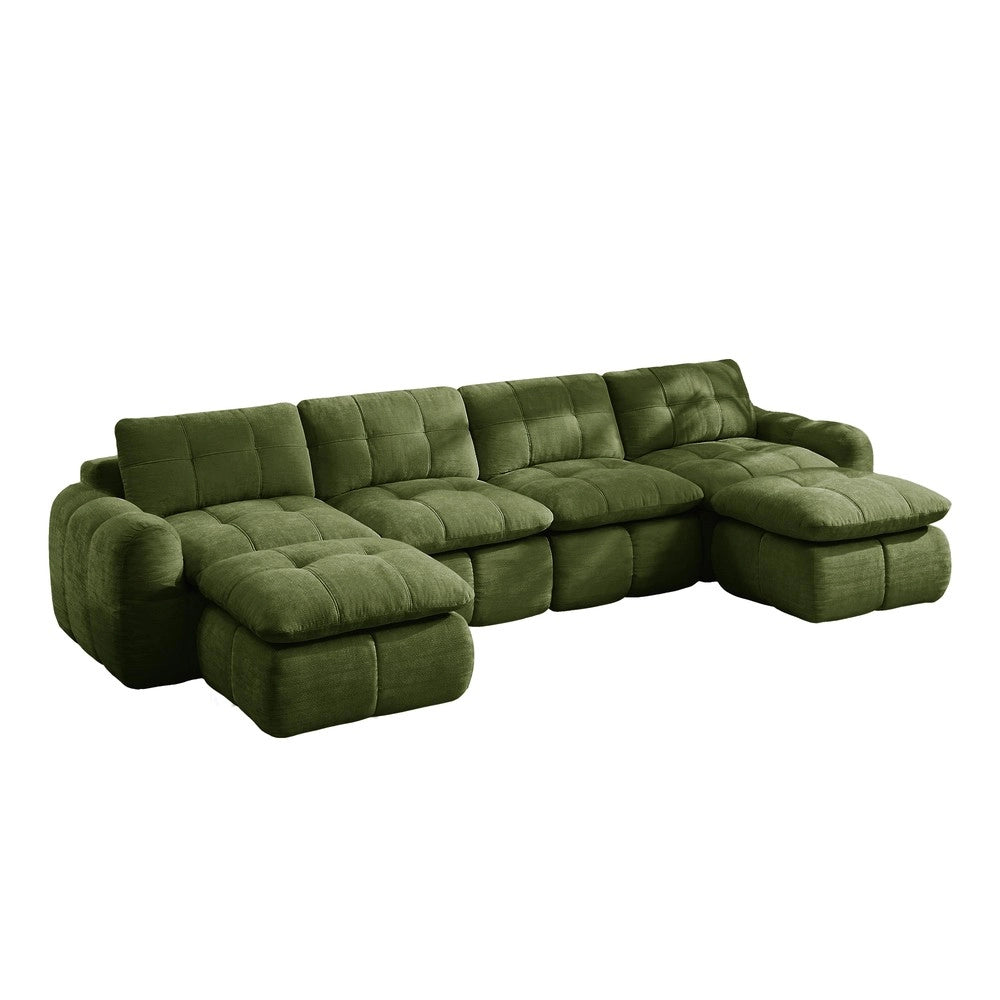 Divano 4 posti con 2 poggiapiedi ¨C Minimal ¨C Verde tessuto chenille design trapuntato