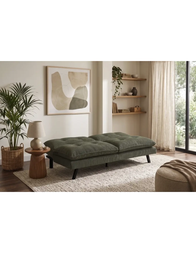 Divano letto AZENA 3 posti in tessuto a coste – Verde scuro e nero – 190 x 80 x 90 cm