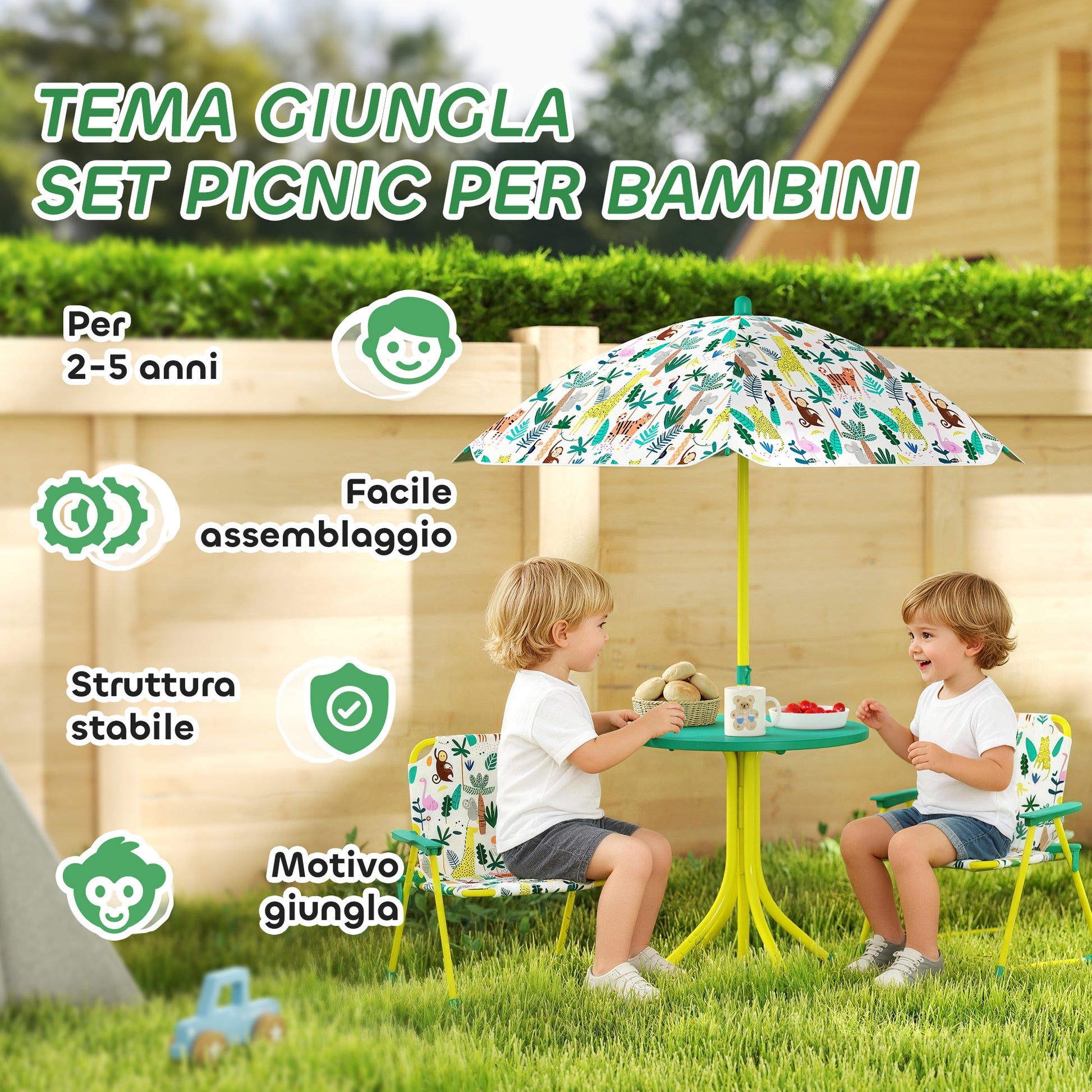 Set Tavolo e Sedie per Bambini con Ombrellone per Esterno in Acciaio Verde