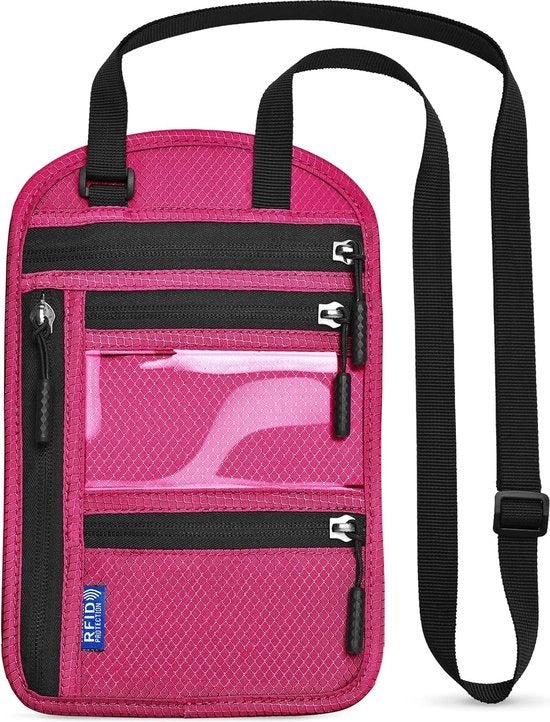 Borse da donna e uomo, con protezione RFID, portafoglio impermeabile, borsa di sicurezza con cinturino regolabile per contanti, carte, chiavi e passaporto, rosa