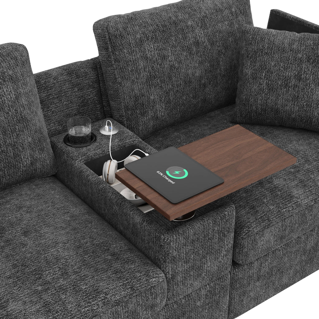 Divano modulare angolare con pouf porta bicchieri USB e tipo C con contenitore in chenille grigio 313 × 147 × 82 cm