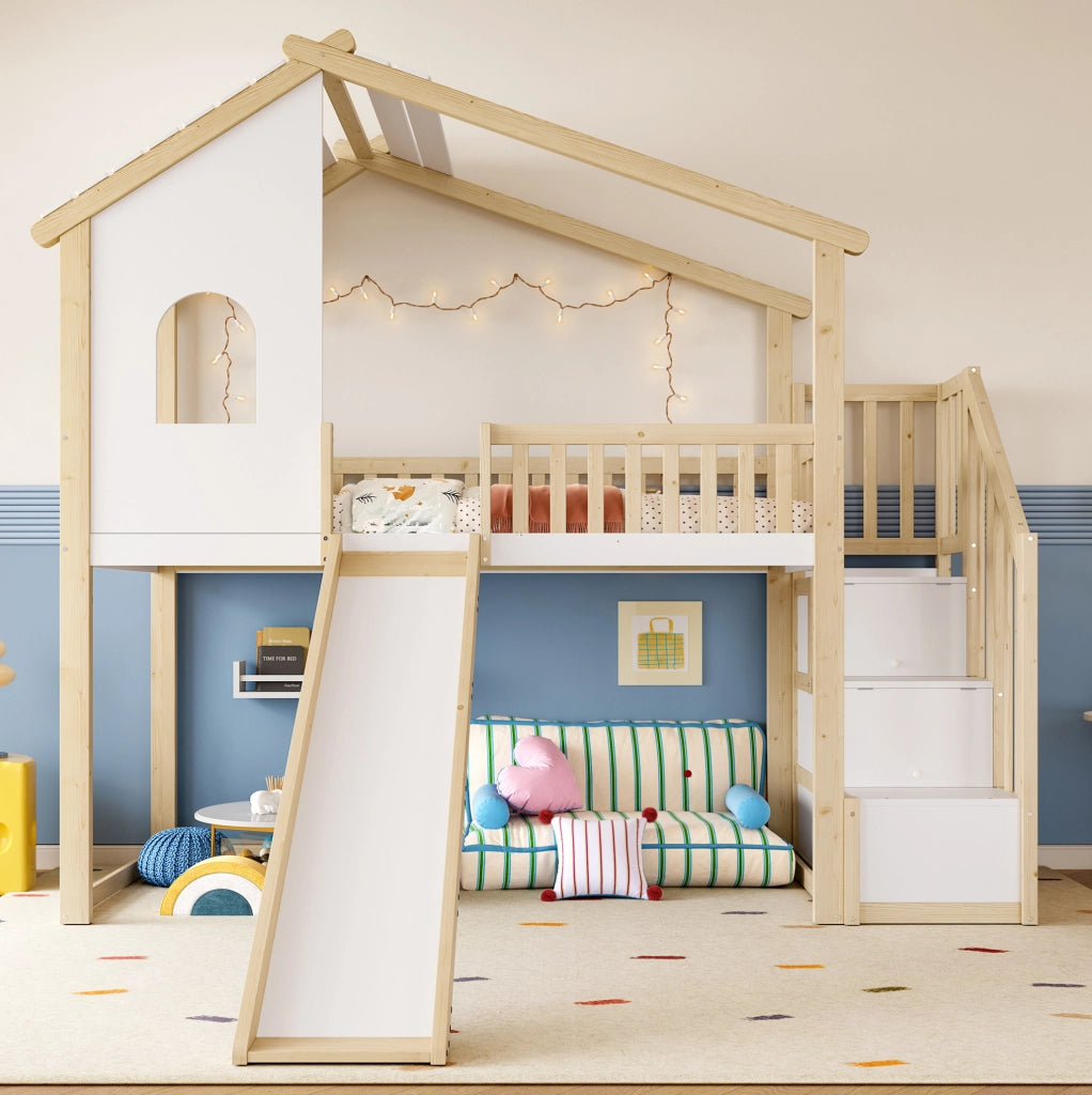 Letto a soppalco per bambini 90x200 cm con scivolo