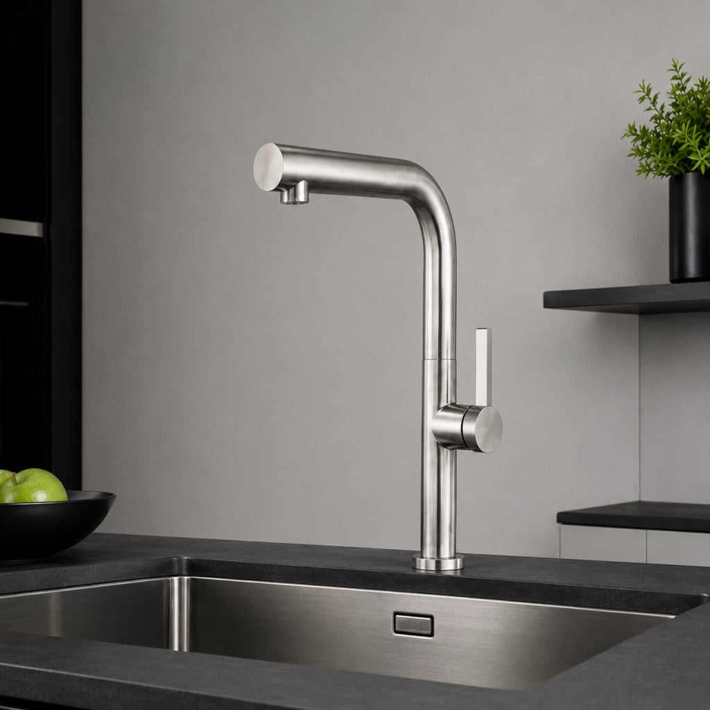 Rubinetto Miscelatore Cucina Acciaio Satinato Canna Alta Girevole Quadrata 87957