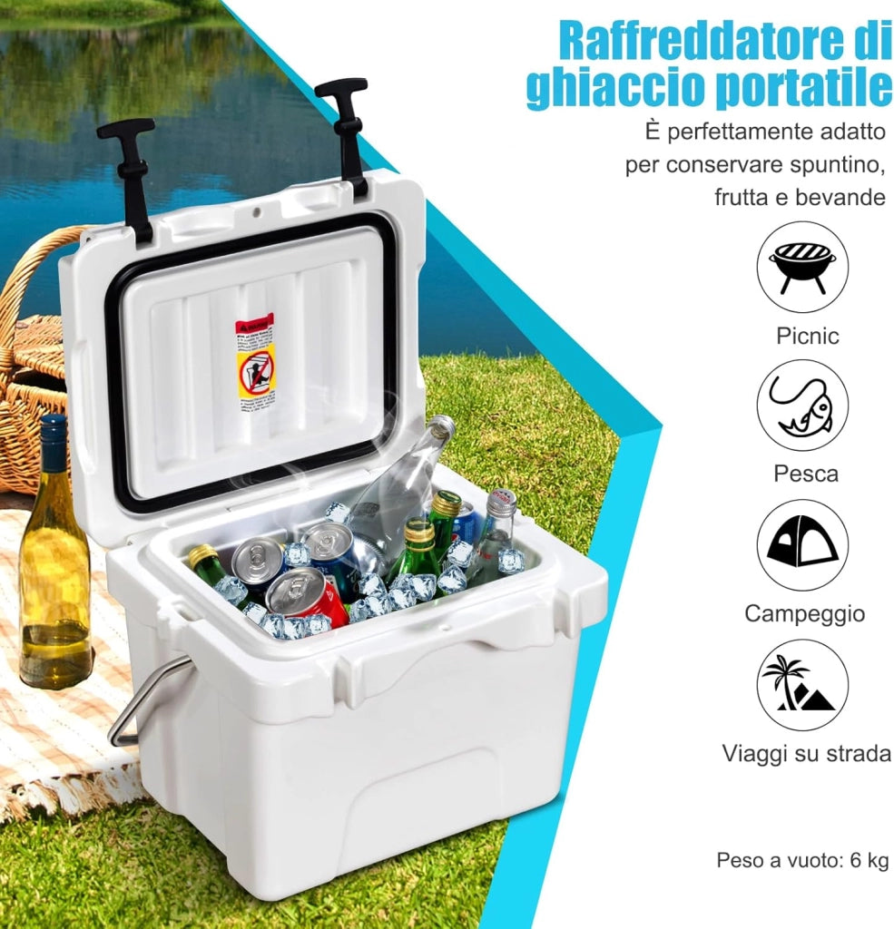Contenitore per Ghiaccio da 15 L, Contenitore Termico con Maniglia 2 Porta Bicchieri, Contenitore Termico del Ghiaccio Portatile per Campeggio(Bianco）