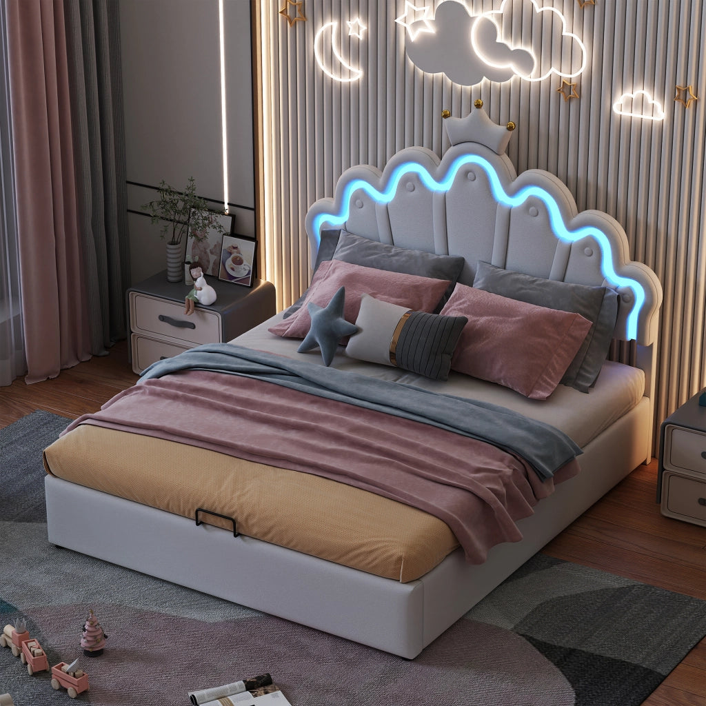 LETTO Contenitore 140x200 cm Bianco in PU con luci LED