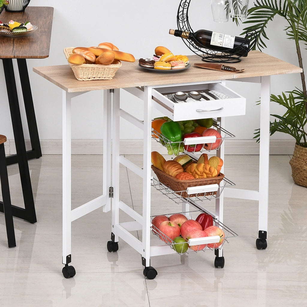 Carrello da cucina pieghevole con cassetto e cestini ¨C zephmum ¨C 97.2x37x77.5 cm bianco e rovere